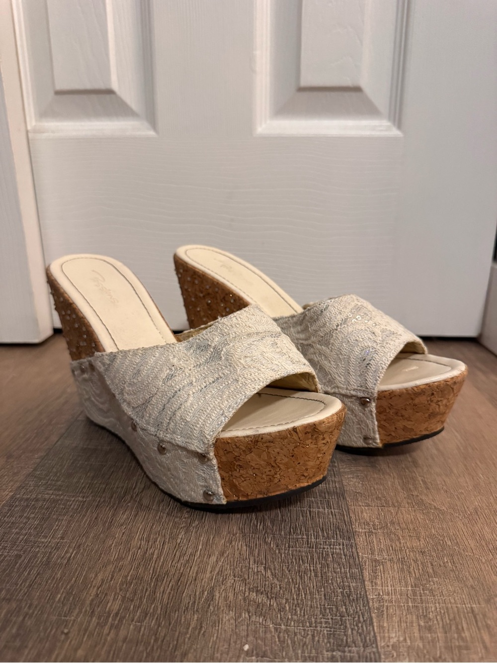 Neutral Cream Cork Wedge Slides with Textured Upper